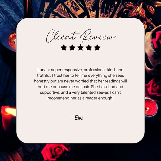 Five-star client review for lady luna with a tarot card background