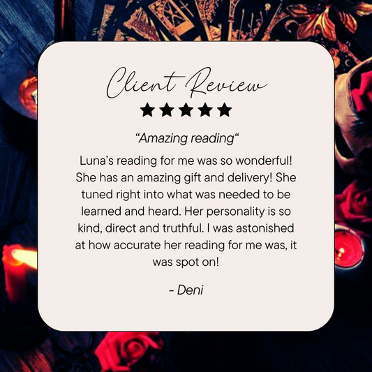 Five-star client review for lady luna with a tarot card background