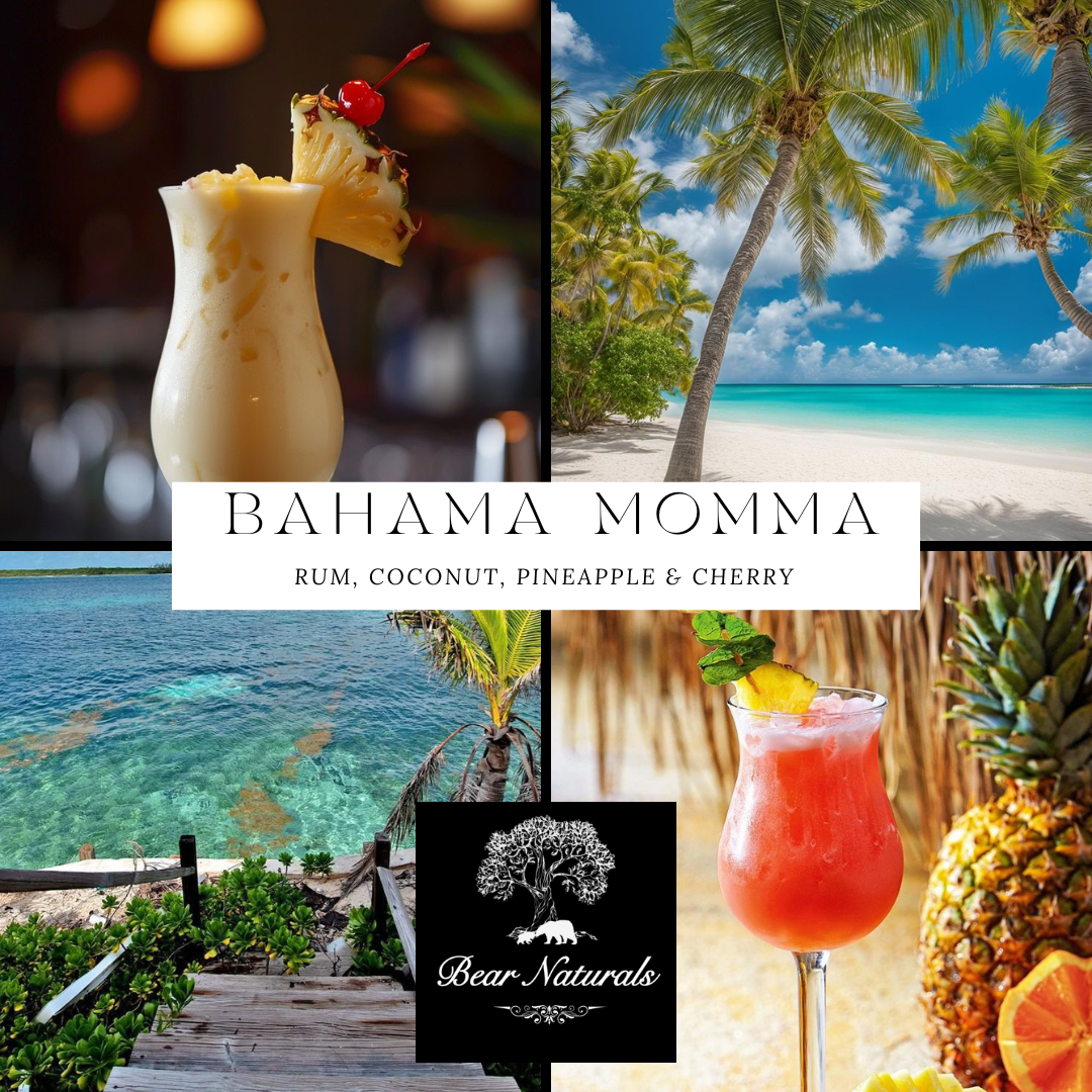 Collage of tropical drinks and beaches with the title "Bahama Momma" representing a rum, coconut, pineapple and cherry scent.
