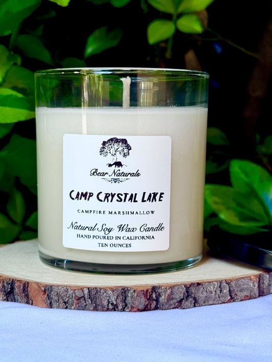 a ten ounce white candle in a clear jar featuring a white label with black writing on a wooden surface with green leaves in the back ground.