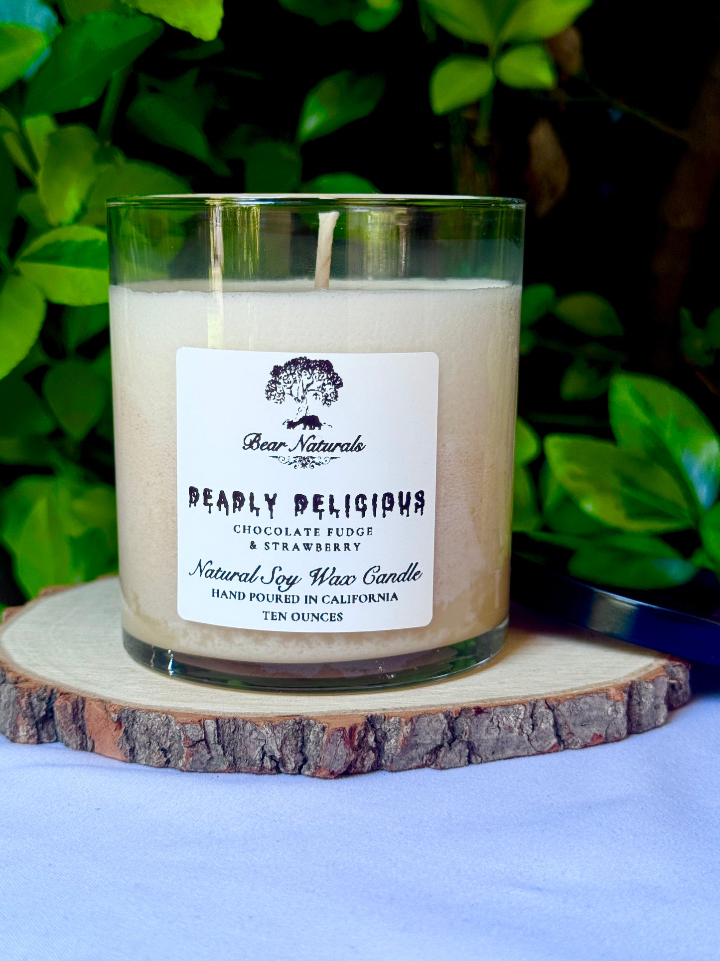a ten ounce white candle in a clear jar featuring a white label with black writing on a wooden surface with green leaves in the back ground.