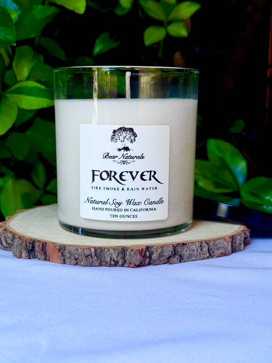 a ten ounce white candle in a clear jar featuring a white label with black writing on a wooden surface with green leaves in the back ground.
