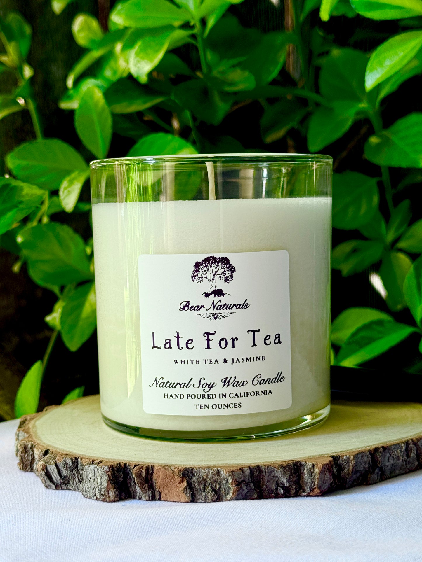 a ten ounce white candle in a clear jar featuring a white label with black writing on a wooden surface with green leaves in the back ground.