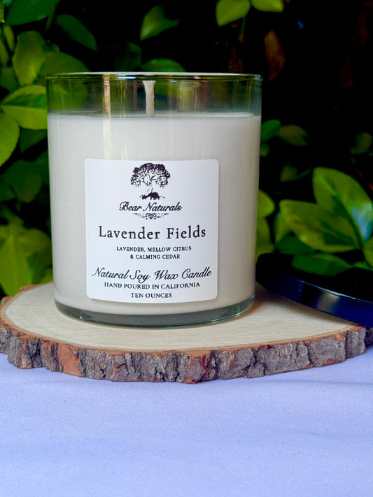 a ten ounce white candle in a clear jar featuring a white label with black writing on a wooden surface with green leaves in the back ground.