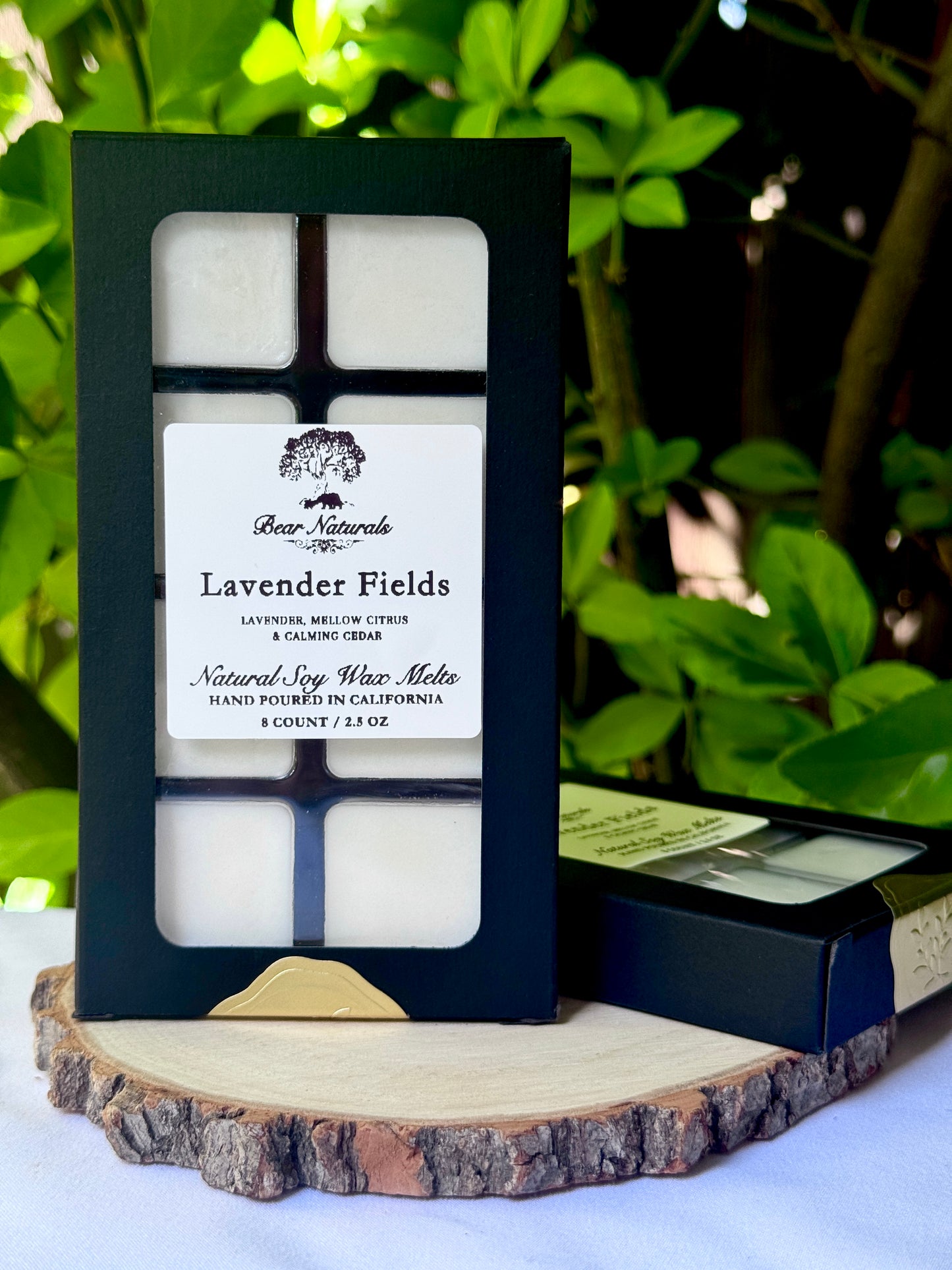 A black box with a clear plastic tray housing eight white wax melts featuring a white label with black writing on a wooden surface with green leaves in the background