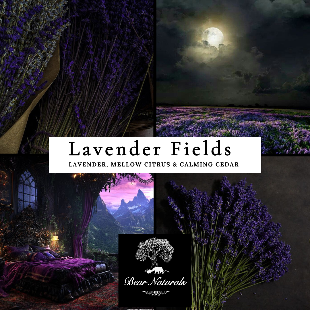 Collage of lavender-themed images with a moonlit lavender field and relaxing bedroom scene.