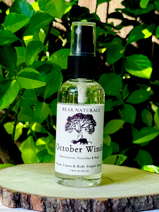 A clear bottle with a black fingertip style spray nozzle featuring a white label with black writing on a wooden surface with green leaves in the background.
