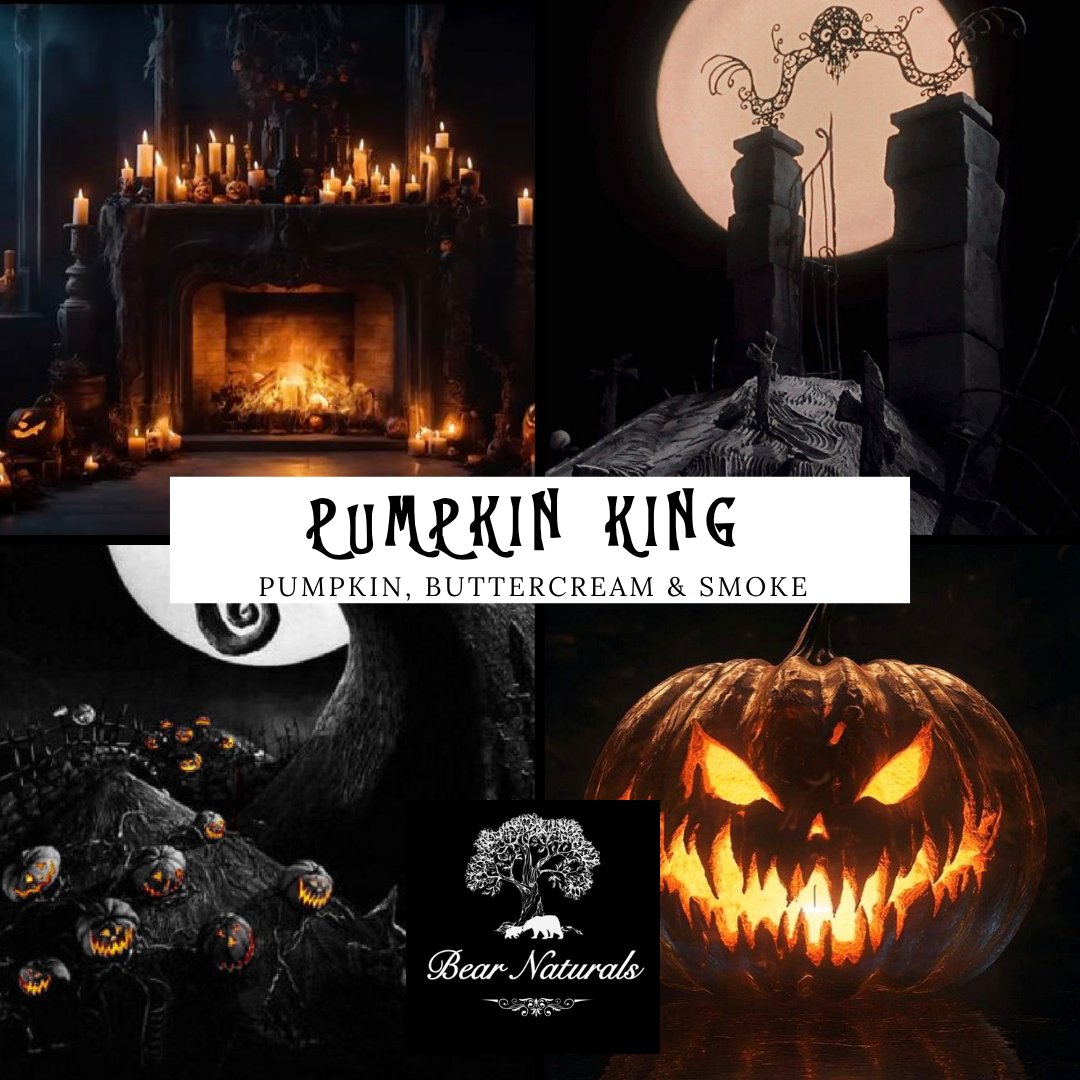 Collage of Halloween-themed images with pumpkins, candles, and a moonlit scene inspired by the movie "The Nightmare Before Christmas" to describe the scent of "Pumpkin King"