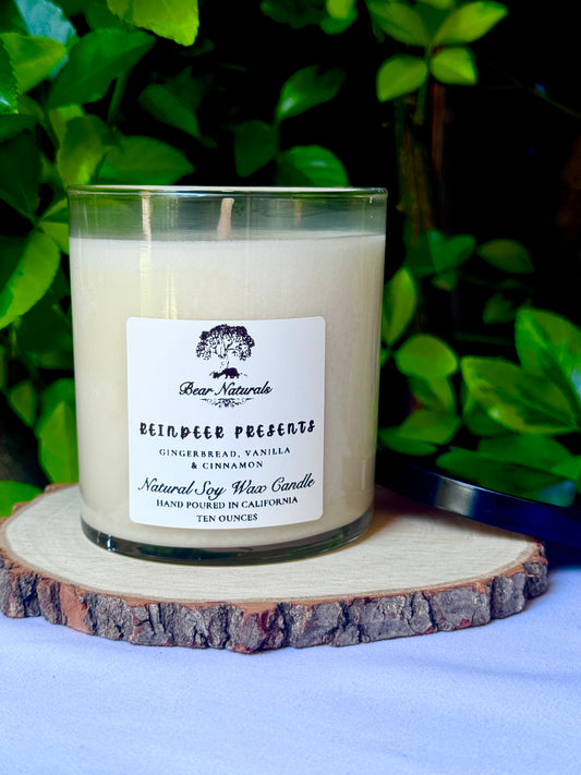 a ten ounce white candle in a clear jar featuring a white label with black writing on a wooden surface with green leaves in the back ground.
