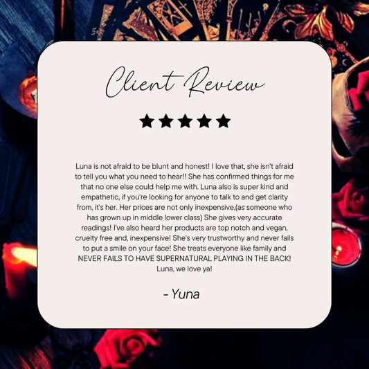 Five-star client review for lady luna with a tarot card background