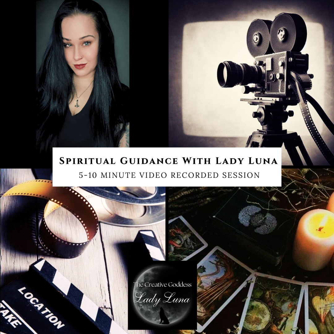 Promotional collage for 'Spiritual Guidance with Lady Luna' featuring a woman, vintage camera, tarot cards, and candle.