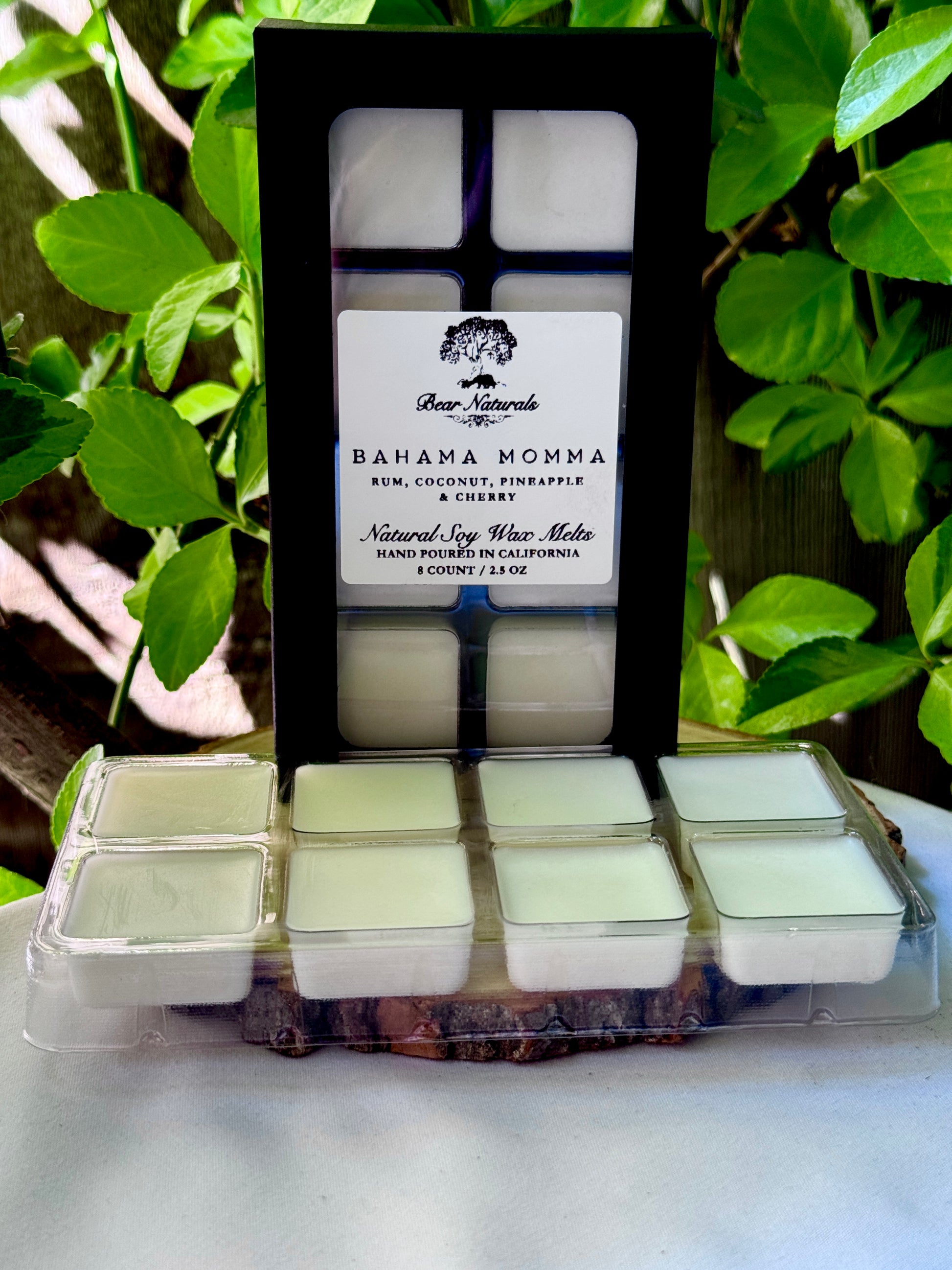 A black box with a clear plastic tray housing eight white wax melts featuring a white label with black writing on a wooden surface with green leaves in the background
