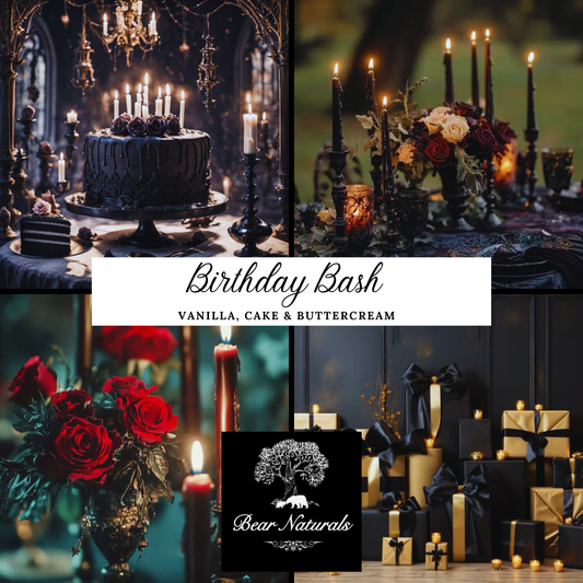 Collage of a dark-themed birthday party setup with candles, cake, and decorative elements describing the vanilla cake inspired scent " Birthday Bash".