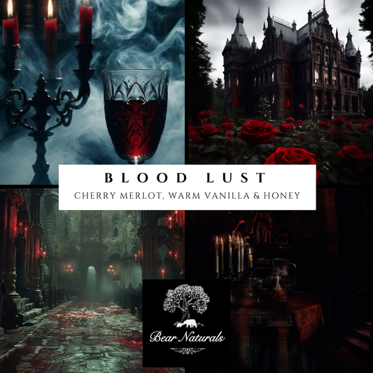 Vampire Gothic-themed collage with candles, a wine glass, and a castle, featuring the scent "Blood Lust".