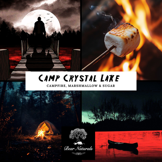 Collage of campfire, marshmallow, and nature scenes describing the scent 'Camp Crystal Lake' inspired by the movie "Friday The 13th"