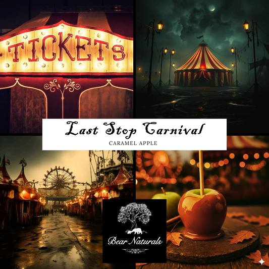 A collage of abandoned carnival images with a dark tone including a red and yellow ticket booth, white and red stripe tent with streetlights around it, a caramel apple sitting on a wooden surface and an empty street with carnival tents on each side and a Ferris Wheel in the background to describe the scent of " Last Stop Carnival"