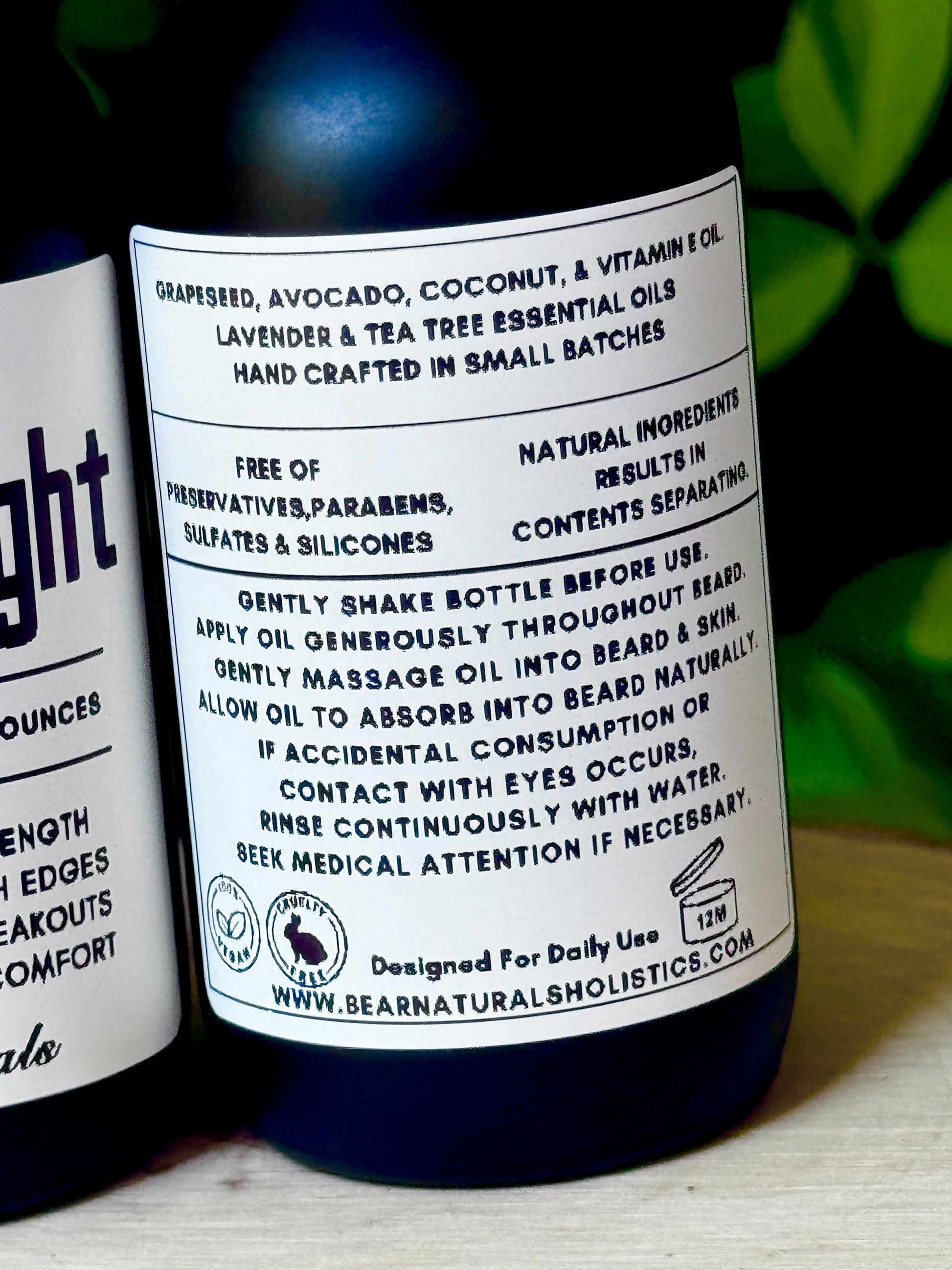 Close up of the warning label for the 'Dark Knight' all natural beard oil.