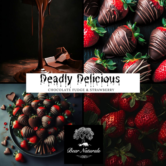 Collage of chocolate-covered strawberries with 'Deadly Delicious' branding.