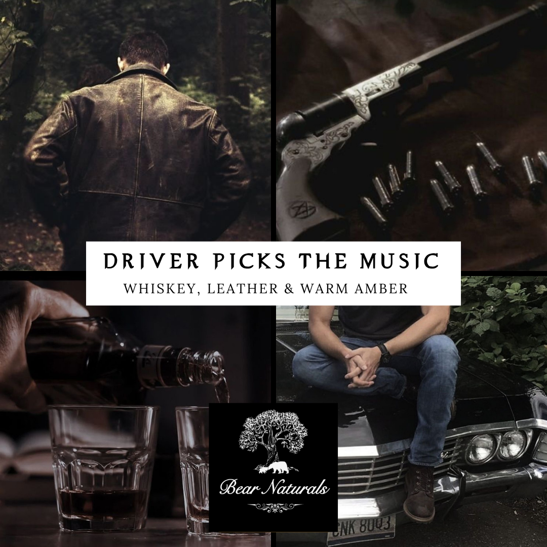 A collage of abstract scenic photos representing the fictional character "Dean Winchester" from the television show "Supernatural" to describe the scent "Driver Picks The Music".