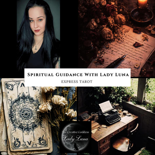 Promotional collage for spiritual guidance with Lady Luna, featuring a woman, tarot cards, flowers, and a typewriter.