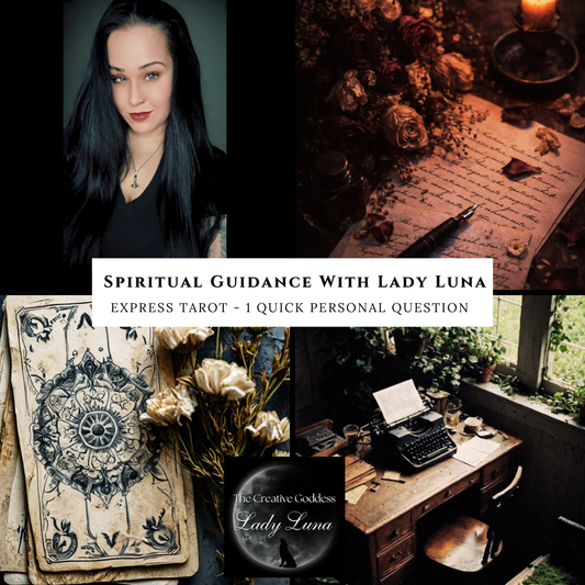 Promotional collage for spiritual guidance with Lady Luna, featuring a woman, tarot cards, flowers, and a typewriter.