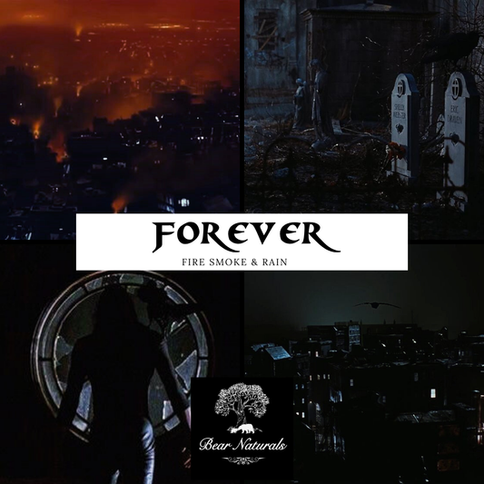 A collage of dark abstract scenic photos representing the fictional character "Eric Draven" from the 1994 movie "The Crow" to describe the scent "Forever" including smoke and burning buildings, a crow sitting on gravestones, a man walking to a window, and a crow flying over buildings.