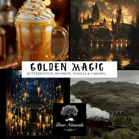 A collage of abstract scenic photos from the movie franchise "Harry Potter" to describe the energy and smell of the scent "Golden Magic" including an image of a golen drink with whip cream, a large castle, floating candles, and a train with steam billowing into the air. 