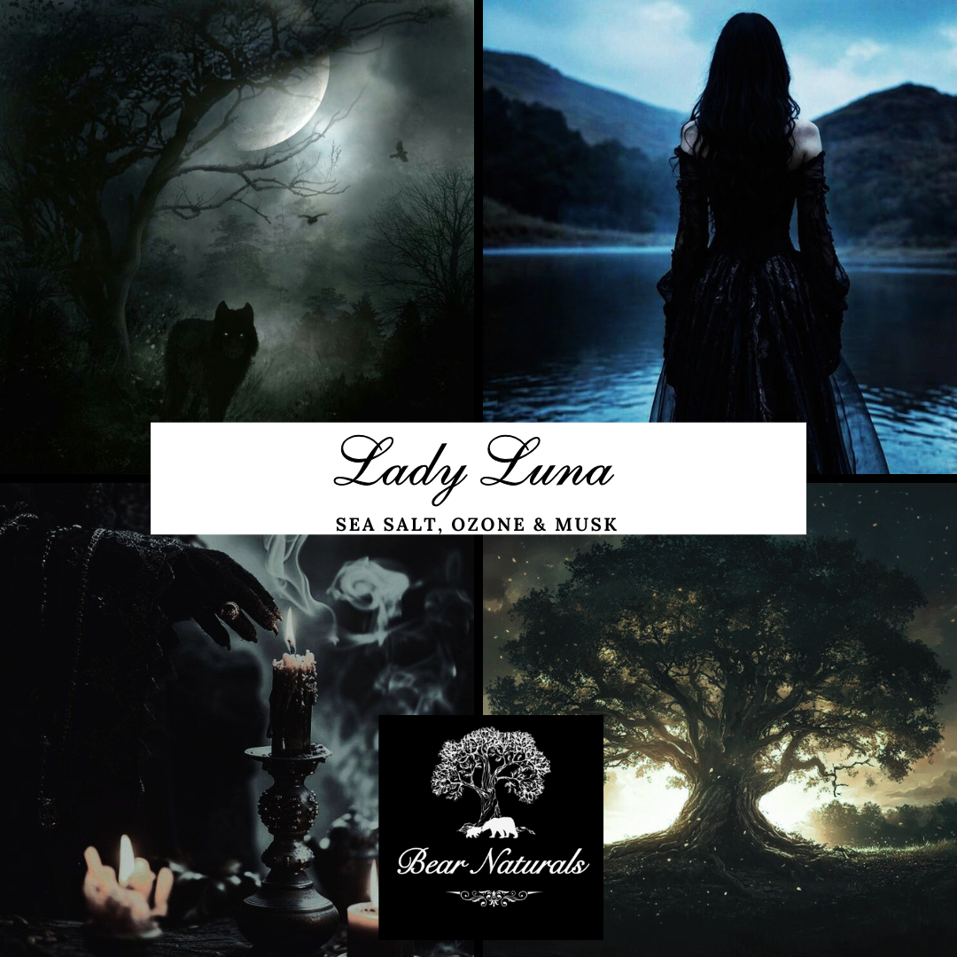 A collage of dark, mystical scenes including a wolf next to a tree, a lady by a lake and mountains, a woman's hand lighting a candle, and a large oak tree describing the energy and scent of "Lady Luna".