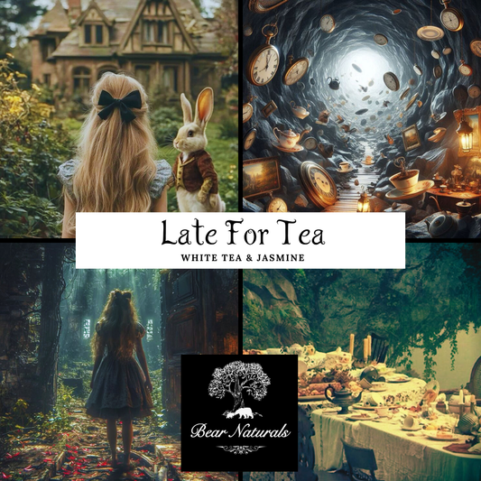 A collage of abstract scenic photos inspired by the movie "Alice In Wonderland" to describe the energy and smell of the scent "Late For Tea " including an image of a little girl with blonde hair standing next to a white rabbit, a hole with floating clocks and tea sets, a little girl with blonde hair walking through a forest, and a long table with a white table cloth set for a tea party.