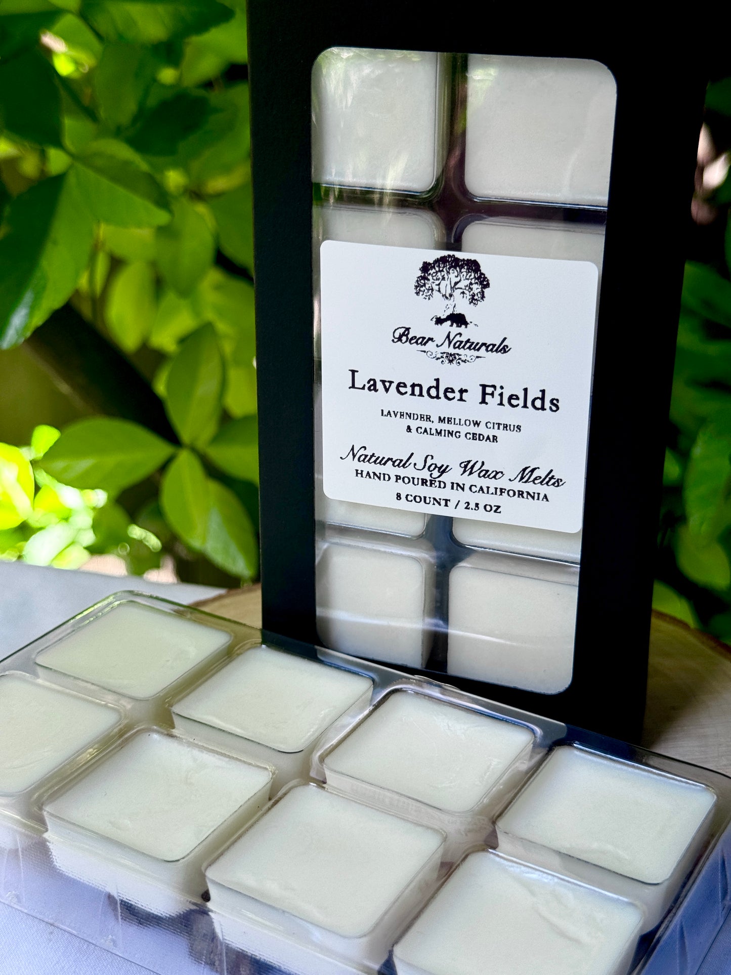 A black box with a clear plastic tray housing eight white wax melts featuring a white label with black writing on a wooden surface with green leaves in the background
