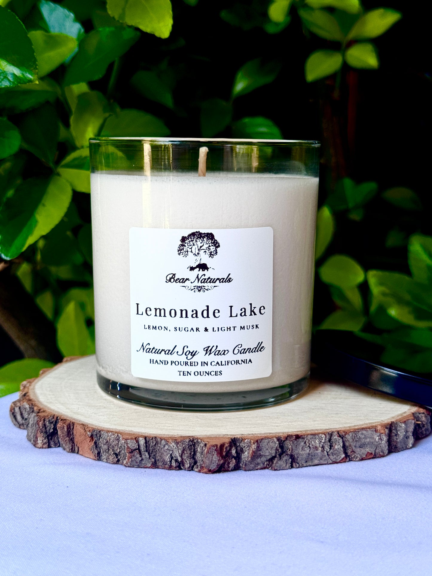 a ten ounce white candle in a clear jar featuring a white label with black writing on a wooden surface with green leaves in the back ground.
