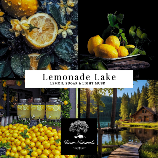 A collage featuring images of lemons, a lemonade stand, and a wooden cabin on a lake with trees surrounding them to describe the energy and scent of "Lemonade Lake".
