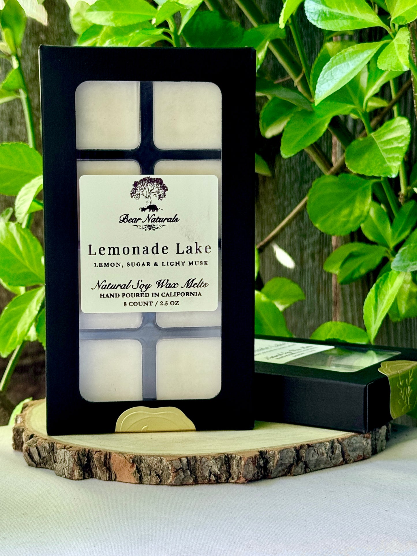 A black box with a clear plastic tray housing eight white wax melts featuring a white label with black writing on a wooden surface with green leaves in the background