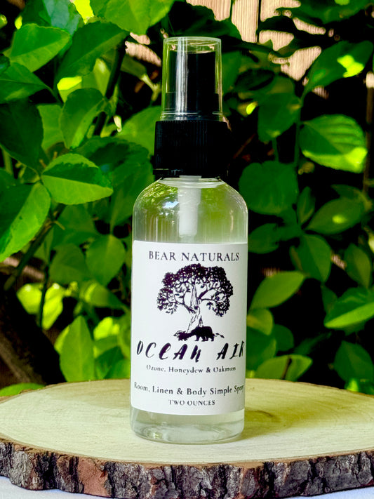 A clear bottle with a black fingertip style spray nozzle featuring a white label with black writing on a wooden surface with green leaves in the background.