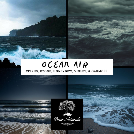 Collage of ocean pictures with a dark skies to describe the scent of "Ocean 