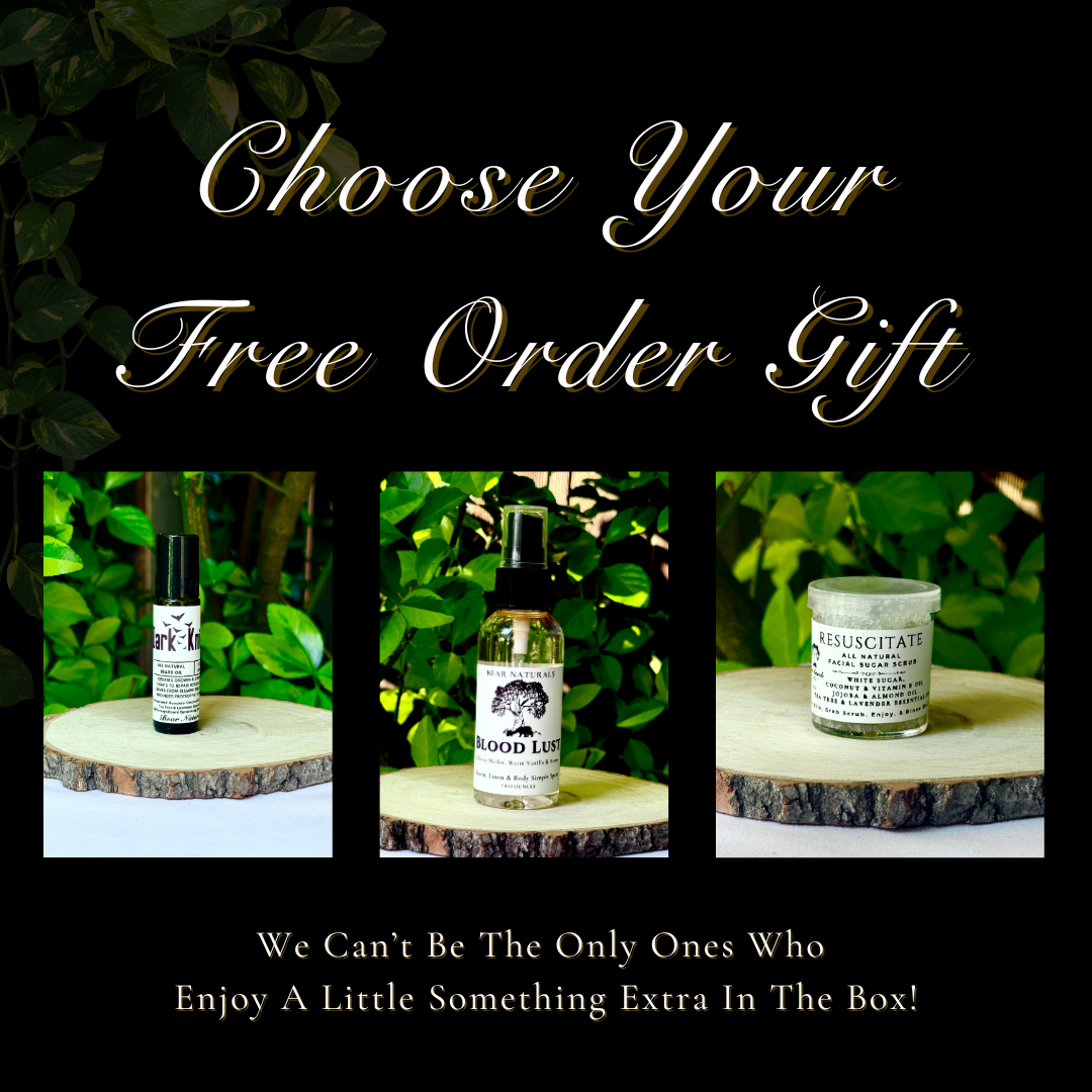 A collage of images advertising free order gifts featuring a roll on bottle, a clear bottle with spray top nozzle and small clear jar with white lid. 