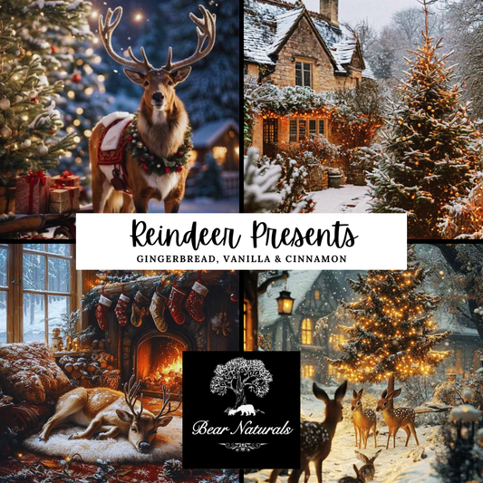 Collage of Christmas-themed images with reindeer, Christmas trees, and a house in the snow to describe the energy and scent of "Reindeer Presents"