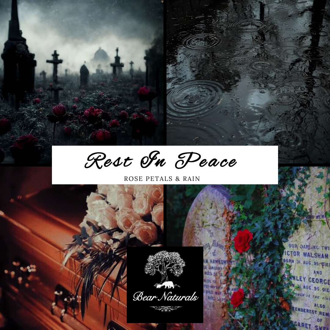 Collage of images with a dark and somber theme, including a cemetery, raindrops, a coffin, and a gravestone to describe the scent and energy of "Rest In Peace".
