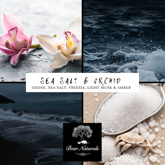Collage of sea salt, orchid, and ocean waves to describe the energy and scent of "Sea Salt And Orchid"