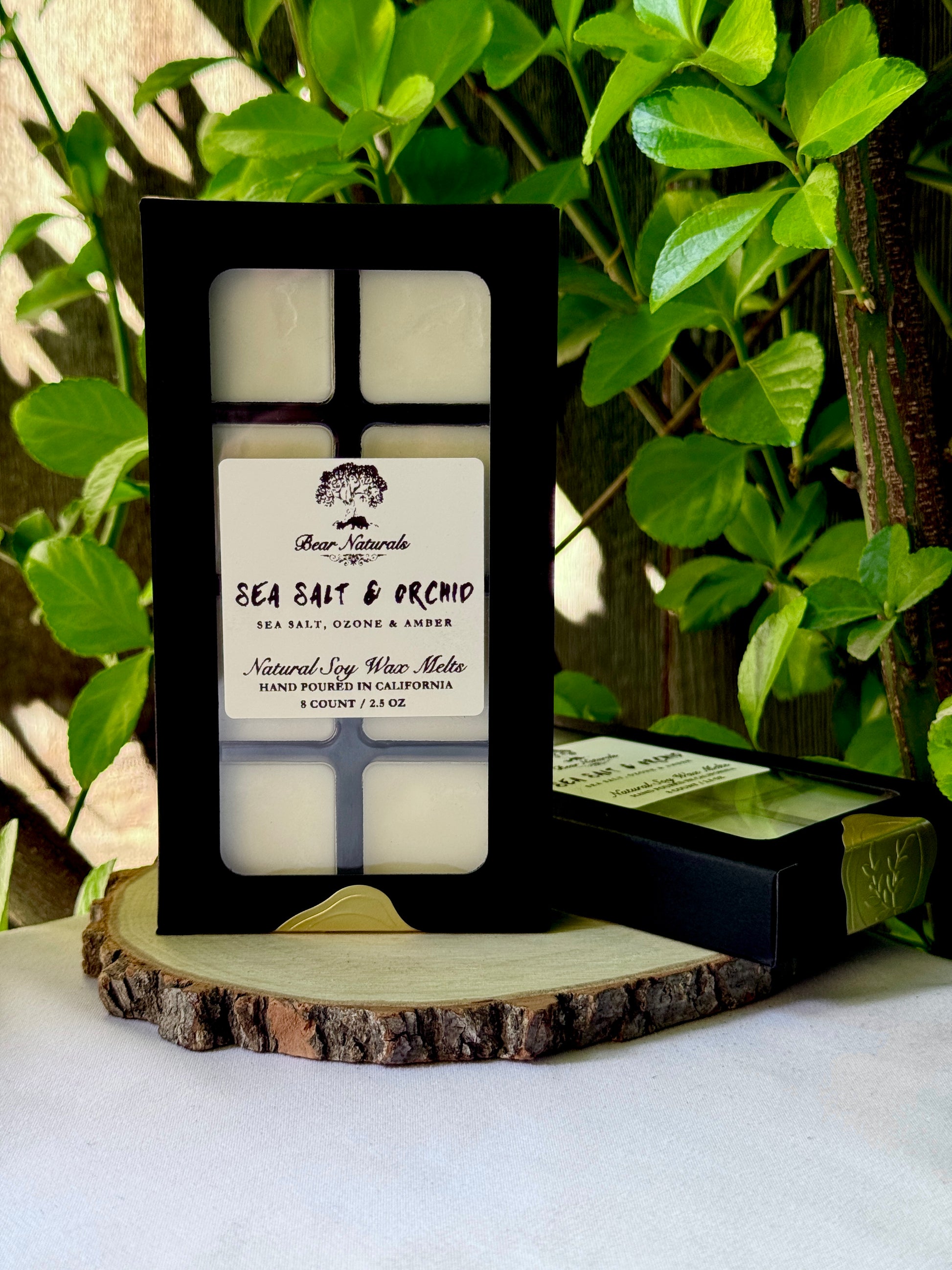 A black box with a clear plastic tray housing eight white wax melts featuring a white label with black writing on a wooden surface with green leaves in the background