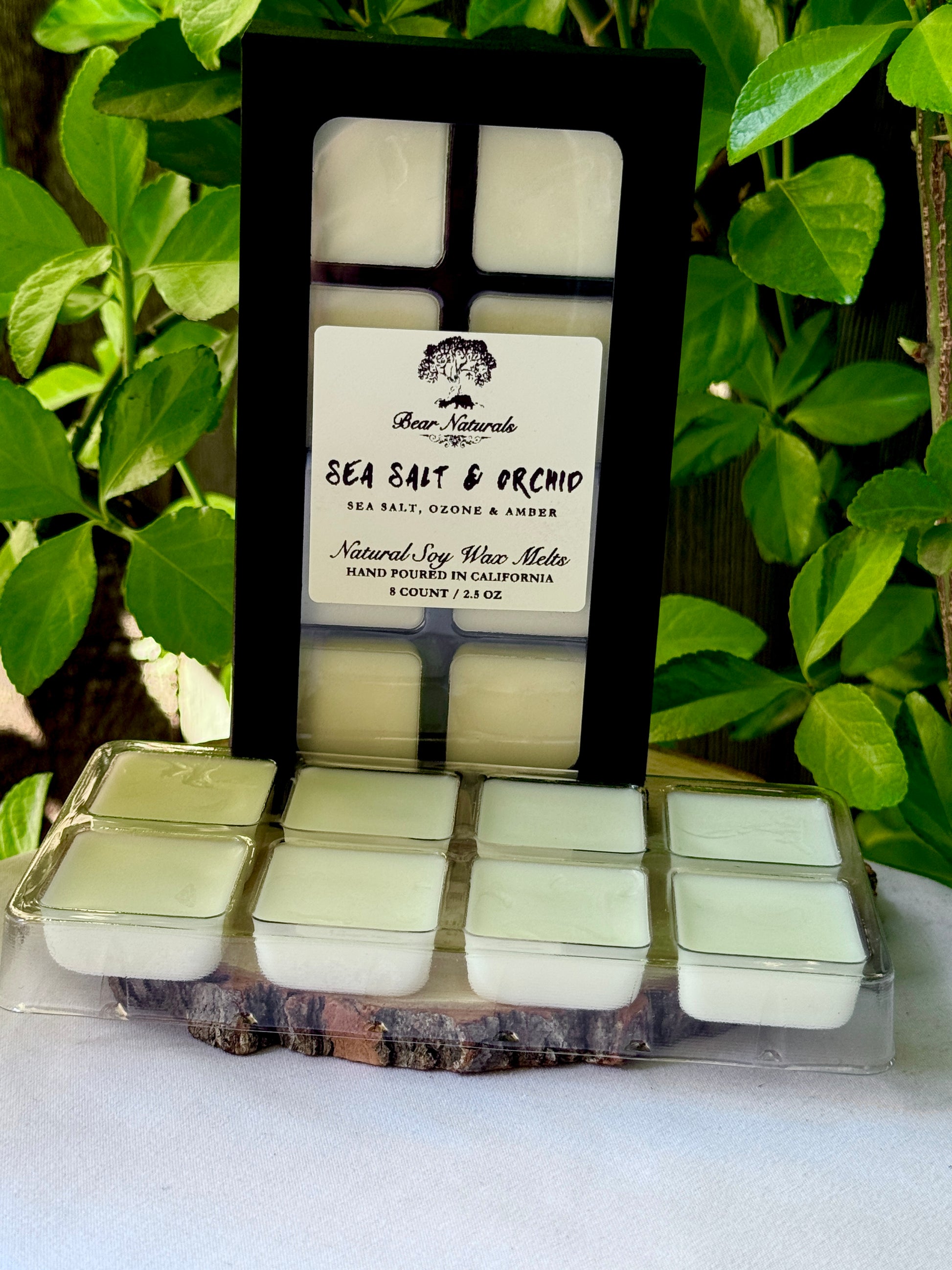 A black box with a clear plastic tray housing eight white wax melts featuring a white label with black writing on a wooden surface with green leaves in the background