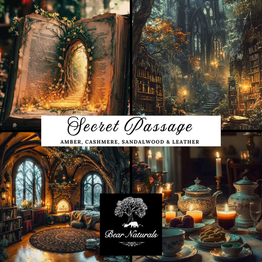 A collage of fantasy inspired images of a hidden door in book, a dark castle with bookshelves in the entry, a cottage inspired room warmed by a fireplace, and a tea set placed for use on a table to describe the scent "Secret Passage"