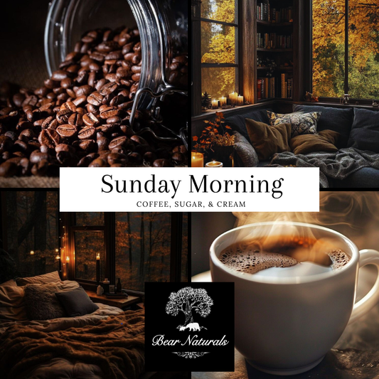 Collage of coffee beans, a cozy room with a fireplace, and a steaming cup of coffee to describe the scent "Sunday Morning".