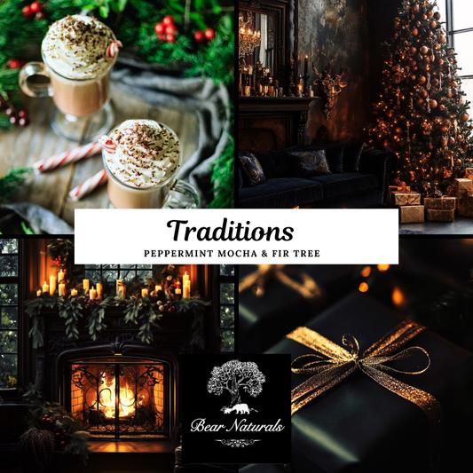 Collage of Christmas-themed images including coffee in tall glasses with whipped cream and peppermint flakes, a decorated holiday tree with gifts, and cozy fireplace to describe the scent