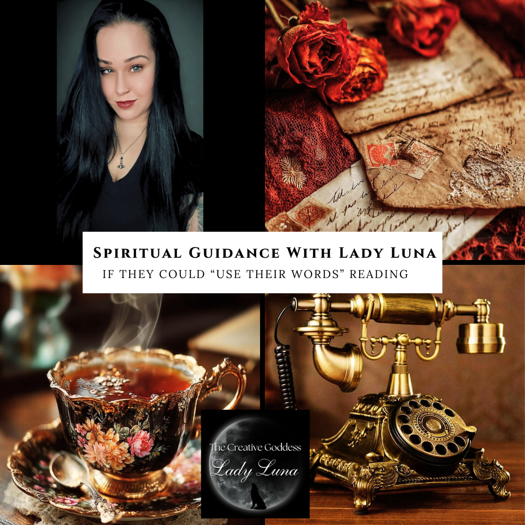 Collage with a woman, vintage letters, red roses, tea cup, and old phone with text 'Spiritual Guidance With Lady Luna'.