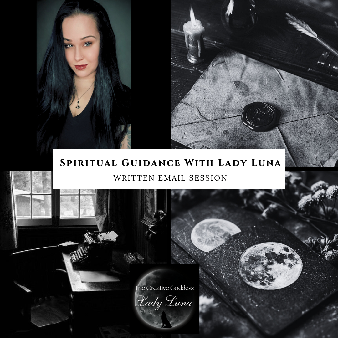 Collage of images with text overlay for spiritual guidance with Lady Luna.