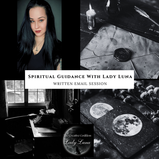 Collage of images with text overlay for spiritual guidance with Lady Luna.