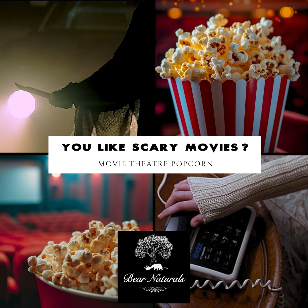 Movie theatre popcorn with text asking if you like scary movies, featuring a person using a phone.