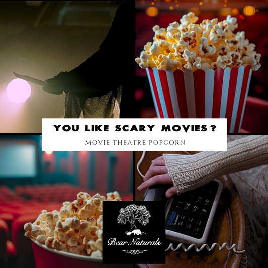 Movie theatre popcorn with text asking if you like scary movies, featuring a person using a phone.