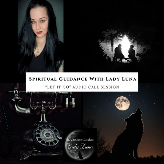 Promotional graphic for 'Spiritual Guidance with Lady Luna' featuring a woman, a lake scene, a vintage phone, and a wolf silhouette.